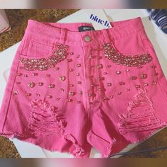 Brand New Size Small Blue B Brand Rhinestone / Jeweled / Bedazzled Distressed Pink Denim Shorts. Perfect For A Concert With Your Favorite Boots And Tee Or Bodysuit. Bedazzled Denim Shorts, Bedazzled Clothes, Bedazzled Boots, Bedazzled Shorts, Bedazzled Stuff, Heart Platforms, Pink Denim Shorts, Rhinestone Projects, Diy Jeans