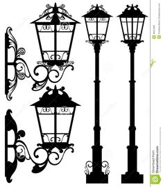 black and white silhouettes of old fashioned street lamps with scrolled scrolls on them