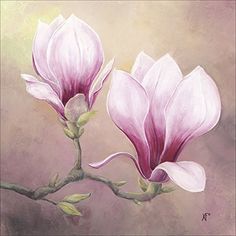 a painting of two pink flowers on a branch