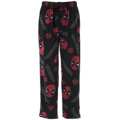 This superhero favorite is ready for action! These lounge pants for men feature Marvel Comics' Deadpool. Pajama pants are a velour feeling fabric. They are incredibly soft and luxurious. Machine washable with button fly and covered elastic waistband with drawstring tie. Pants do not have pockets. Size: S.  Color: Black.  Gender: male.  Age Group: adult. Marvel Comics Deadpool, Tie Pants, Marvel Men, Fleece Pajama Pants, Cute Pjs, Cute Pajama Sets, Marvel Deadpool, Fleece Pajamas, Cute Pajamas