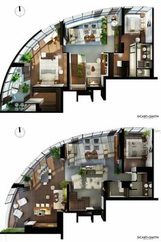 two views of the top and bottom floors of a small apartment with an open floor plan