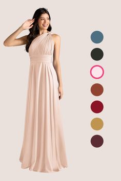 a woman in a long dress standing next to color swatches and the colors below her