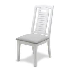 a white chair with a gray cushion on the seat and backrest, against a white background