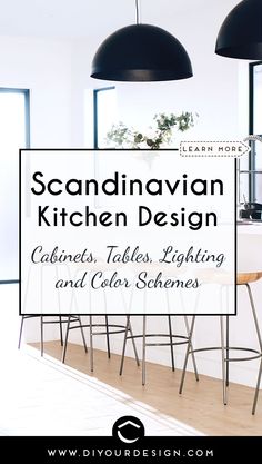 a kitchen with black pendant lights and white counter tops in front of the words scandinavian kitchen design cabinets, tables, lighting and color schemes