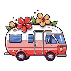 an old camper with flowers on the roof is parked in front of a white background