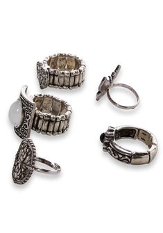 cuz get into a boho vibe! This ring set includes 5 rings with a variety of designs to make you look in style. Bohemian Style Adjustable Metal Midi Rings, Adjustable Bohemian Metal Midi Rings, Bohemian Silver Stackable Rings, Bohemian Crystal Ring, Silver Bohemian Midi Rings, Adjustable Bohemian Crystal Ring, Bohemian Metal Rings For Festivals, Bohemian Nickel-free Metal Rings, Bohemian Silver Stackable Crystal Ring