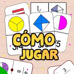 the words comoo and jugar are displayed in front of an image of colorful shapes