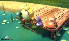 some very cute looking cartoon characters on a wooden dock in the water with lily pads