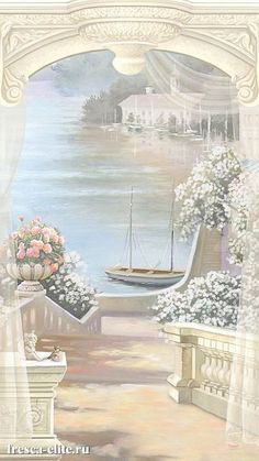 a painting of a sailboat on the water by a balcony with flowers and trees