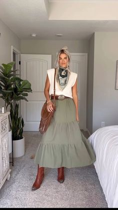 Green Boho Skirt Outfit, Skirt With Cowgirl Boots, Western Outfit With Skirt, Cowgirl Boots With Skirts Outfit, Western Skirt Outfits Women, Western Midi Skirt Outfit, Green Western Outfit, Long Skirt Cowboy Boots, Long Skirt Western Outfit