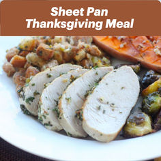 a white plate topped with turkey, brussel sprouts and sweet potatoes