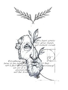 an ink drawing of a man's face with leaves on his head and the words,