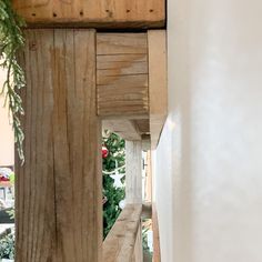 a cat sitting on top of a wooden bench next to a wall with christmas decorations