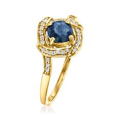 Ross-Simons - .60ct Sapphire Ring, Diamond Accents in 14kt Yellow Gold. Size 9. Beaming with a .60 carat round sapphire, this elegant ring sparkles with a diamond-accented halo of artful overlapping curves. Finely crafted in polished 14kt yellow gold. 3/8" wide. Sapphire ring. Sapphire birthstones are the perfect gift for September birthdays. Yellow Gold Sapphire Diamond Ring With Center Stone, Sapphire Rings With Diamond Accents And Round Cut, Yellow Gold Sapphire Diamond Ring With Prong Setting, Lab-created Sapphire Ring In Yellow Gold With Center Stone, Sapphire Ring With Diamond Accents Round Cut, Yellow Gold Rings With Lab-created Sapphire Center Stone, Yellow Gold Sapphire Ring With Center Stone, Lab-created Sapphire Ring In Yellow Gold With Brilliant Cut, Yellow Gold Sapphire Topaz Ring With Halo Setting