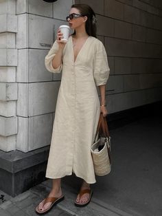 Cotton & Linen Button-Front Knotted Long Dress Party Dresses Night, Linen Design, Button Front Maxi Dress, Midi Short Sleeve Dress, Summer Events, Boho Casual, 5 S, Social Events, Linen Dresses