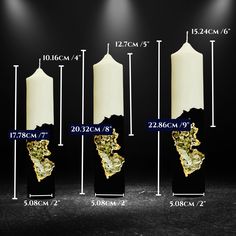 three candles are shown with measurements for each one candle and the other is in different positions