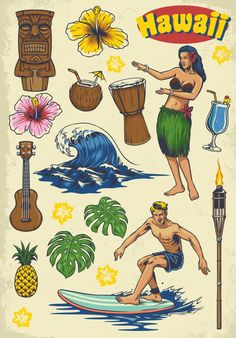 an old poster with hawaiian symbols on it