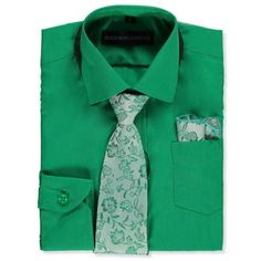 Give your boy a sophisticated look with this Kids World dress shirt set! Kids World dress shirt and accessories Woven dress shirt with chest pocket (65% polyester, 35% cotton; machine wash cold) Patterned tie with zip-up closure Patterned pocket square (materials and care unlisted) Made in China Size: 7.  Color: Green.  Gender: male. Green Cotton School Sets, Fitted Green School Sets, Fitted Green Sets For School, Green School Sets For Spring, Green Sets For School In Spring, Green Spring School Sets, Elegant Green Cotton Sets, Green Formal Long Sleeve Set, Green Semi-formal Sets For Spring