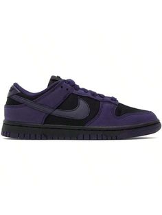 Nike 
Purple & Black Dunk Low LX Sneakers 
Low-top paneled nubuck and twill sneakers in purple and black. 
. Lace-up closure 
. Logo patch at padded tongue 
. Padded collar 
. Swoosh appliqué at sides 
. Logo embroidered at heel collar 
. Mesh lining 
. Treaded rubber sole 
Please note that this item may be shipped only within North America. 
Supplier color: Black/Purple ink 
Upper: leather, textile. Sole: rubber. 
Made in Indonesia. 
241011F128056 
Purple & Black Dunk Low LX Sneakers default Shoes Without Laces, Casual Athletic Shoes, Athletic Shoes Nike, Purple Shoes, Nike Purple, Outdoor Bag, Casual Sneakers Women, Casual Athletic, Womens Athletic Shoes