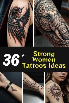 tattoos that say strong women and have an eagle on the arm, with other images behind them