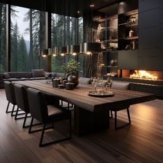 a dining room table with chairs around it and a fire place in the middle of the room