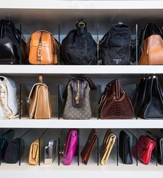 many different purses are lined up on shelves