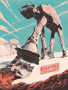 a star wars poster with a giant robot on the ground