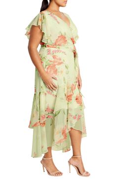 A bold tropical pattern blossoms on a faux-wrap dress that's a sunny fave for any day of the week. Hidden back-zip closure Surplice V-neck Short sleeves Removable tie belt Lined 100% polyester Machine wash, line dry Imported Nature Dress, Lilac Dress, Midi Dress Summer, Tropical Pattern, Tiered Maxi Dress, Plus Size Maxi Dresses, Wrap Dress Floral, Black Wrap Dress, Maxi Wrap Dress