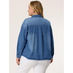 The Women's Plus Size Shirts Button Down Shirt is a versatile and stylish addition to any wardrobe. With its button closure and long sleeves, it can be worn as both a button-down shirt and a denim jacket, making it perfect for various occasions. The versatility of this shirt jacket combination allows for multiple styling options, making it a practical addition to any wardrobe. This button-down shirt/denim jacket is suitable for various occasions, including parties, opening receptions, and casual Blue Button-up Denim Top For Fall, Blue Long Sleeve Denim Top With Button Closure, Washed Blue Buttoned Top For Fall, Light Wash Long Sleeve Denim Top With Buttons, Blue Denim Top With Button Closure And Long Sleeves, Medium Wash Denim Top With Buttoned Pockets, Long Sleeve Tops With Button Closure In Light Wash, Long Sleeve Denim Tops With Buttoned Pockets, Long Sleeve Denim Blue Shirt With Snap Buttons