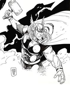 an ink drawing of the avengers in black and white, with one arm raised up