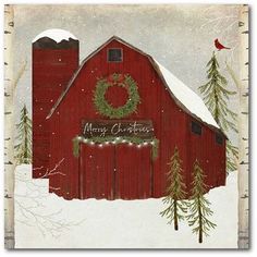 a red barn in the snow with christmas wreath on it's door and trees