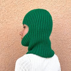 "Hand knitted full face balaclava in forest green made from deadstock yarns. The sustainable  material is mix of wool, cotton and acrylic. It is a super soft and warm. If you want to add a cozy and elegant piece to your head wear collection, this hood can be a nice decision. There are lots of other color options on the \"Full face balaclavs\" section of my shop. I am ooen to make custom orders with your favorite colors. Just contact me. Care: - Hand wash with cold water." Green Balaclava For Winter Cold Weather, Green Winter Balaclava For Cold Weather, Green Casual Balaclava For Winter, Green Balaclava For Cold Weather, Casual Green Balaclava For Winter, Green Full Face Balaclava For Outdoor Use, Green Full Face Balaclava For Outdoor, Full Face Green Balaclava For Outdoor, Green Balaclava