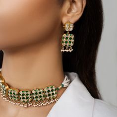 Jadau Necklace - Neema Lattice Choker Set with Earrings, chandi ki earrings design, gold plated silver earrings online india, silver ear jewellery Green Stones, Drop Design, Choker Set, Temple Jewellery, Drops Design, Green Stone, Stone Settings, Lattice, Necklace Set