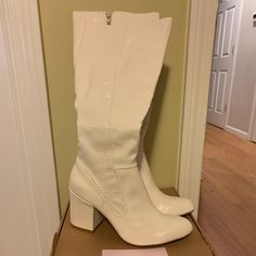 Journee Tavia Boot- Never Been Worn Size 7.5m Color White Features Embossed Vegan Synthetic Upper Inside Zipper Closure Almond Toe Fabric Lining Tru Comfort Foam Insole Approx. 13.5” Shaft Height Approx. 14.5” Calf Circumference 3.5” Covered Block Heel Synthetic Lug Sole Pointed Toe Synthetic Knee-high Boots For Spring, Spring High Heel Synthetic Knee-high Boots, Spring Synthetic High Heel Knee-high Boots, Spring Synthetic Knee-high High Heel Boots, Spring Synthetic Knee-high Boots With Pointed Toe, Synthetic Knee-high Boots With Pointed Toe For Spring, Spring Knee-high Synthetic Heeled Boots, Spring Synthetic Knee-high Heeled Boots, Knee-high Synthetic Boots For Spring