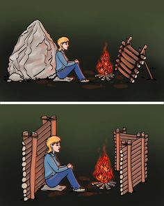 two pictures of a person sitting in front of a fire