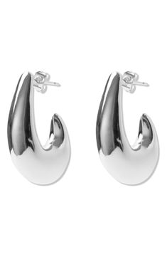 Elevate any ensemble with these bubbly J-hoops that are plated in sterling silver or 18-karat gold. 1 1/8" drop; 1/4" width Post back Sterling silver plate or 18k-gold plate Imported Classic Polished Dangle Hoop Earrings, Classic Dangle Hoop Earrings With Polished Finish, Modern Teardrop Earrings For Anniversary, Sterling Silver Single Drop Hoop Earring, Sterling Silver Drop Hoop Earring, White Gold Teardrop Hoop Earrings With Polished Finish, Silver Tarnish Resistant Drop Hoop Earrings, Small Hoop Earrings With Polished Finish, Elegant Silver Small Teardrop Earrings