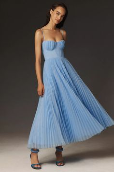 Hutch Amara Bustier Pleated Tulle Fit & Flare Midi Dress | Anthropologie Blue Wedding Guest Dresses, Amara Dress, Pleated Tulle, Flare Midi Dress, Tulle Midi Dress, Blue Dress Formal, Wedding Attire Guest, Blue Bridesmaid Dresses, Bustier Dress