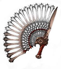 an artistic drawing of a headdress made out of wire and metal mesh with a knife sticking out of it