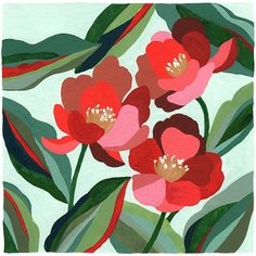 a painting of red flowers with green leaves