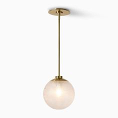 a light fixture with a glass ball hanging from it's side, against a white background