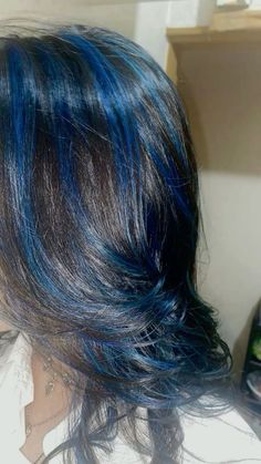 Blue Coloured Hair, Blue Black Hair With Blue Highlights, Blue Color Hair Highlights, Black Hair And Blue Highlights, Hair Dye Colors Blue, Short Black Hair With Blue Highlights, Black And Blue Skunk Hair, Black Hair With Midnight Blue Highlights, Blue Highlights Black Women