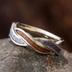 Meteorite and Koa Wood Twist Wedding Band-4538 - Jewelry by Johan Wedding Band Tattoo, Nature Inspired Wedding Ring, Nature Wedding Ring, Twist Wedding Band, Gibeon Meteorite, Meteorite Jewelry, Wedding Ring For Him, Wood Wedding Ring, Nature Inspired Wedding