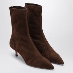 Brown suede ankle boot from Aquazzura featuring a pointed toe design, a slim low heel, a rear zip fastening and a leather sole.Heel 3 cm100% Leather / Leather sole Winter Shoe Trends, Brown Suede Ankle Boots, Low Heel Boots, Brown Suede Boots, Aesthetic Shoes, Brown Ankle Boots, Crossbody Tote, Suede Ankle Boots, Leather Gloves