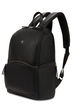 Pebbled faux leather adds contemporary-chic style to this roomy backpack that features a laptop sleeve and plenty of storage for your necessities. 13.5" x 10.5" x 1" Zip-around closure Top carry handle Adjustable padded shoulder straps Exterior features zipper pocket, trolley strap Interior features laptop sleeve, water-bottle pocket, slip pocket Polyester Spot clean Imported Trendy Black Leather Laptop Bag, Elegant Black Office Backpack, Modern Faux Leather Backpack For Travel, Classic Soft Leather Backpack For Office, Modern Faux Leather Backpack, Black Office Backpack, Modern Faux Leather Backpack For School, Modern Faux Leather School Backpack, Elegant Leather Backpack With Zipper For School