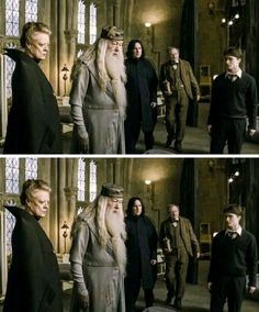 harry potter and his friends are in the middle of an old building, one with long white hair