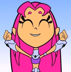 a cartoon girl with pink hair and purple pants is holding her hands up in the air