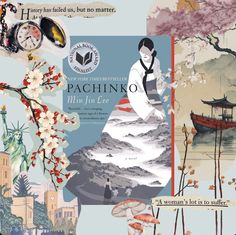 an advertisement for pacchinko in front of the statue of liberty and cherry blossom trees