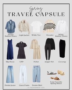 spring travel capsule Spring Travel Packing List, Spain In April Outfits, Smart Travel Outfits, Capsule Wardrobe Summer Travel, Spring Europe Travel Outfits, Europe Spring Travel Outfits, Packing Japan, Summer Holiday Packing, Spring Holiday Outfit