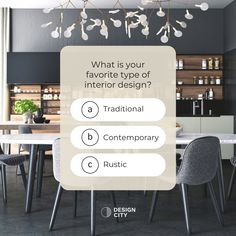 a dining room table and chairs with the text what is your favorite type of interior design?