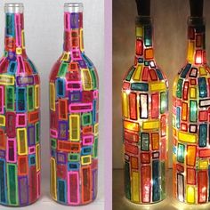 three different colored glass bottles are shown with lights in them and one is made to look like a mosaic pattern